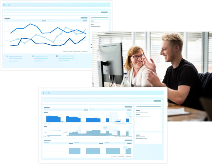 Twee glimlachende mensen in een zakelijk gesprek op kantoor bij Invision. Voorzien van twee screenshots met grafieken die geoptimaliseerde workloads weergeven.
